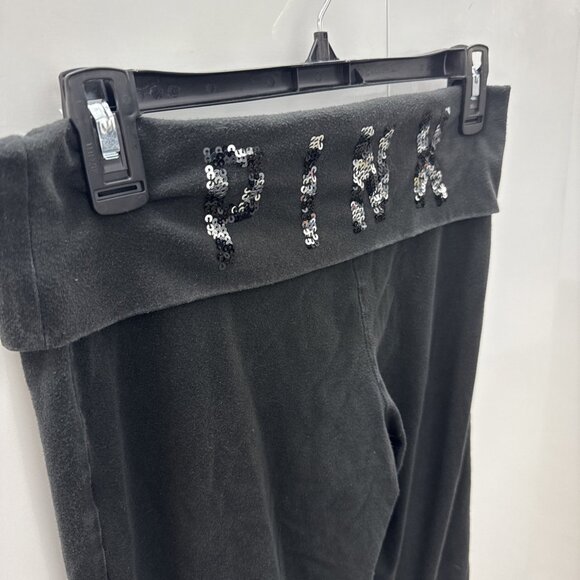 VTG Pink Pants Womens M Black Yoga Flare Sequin Fold Over Victoria Secret Y2K - Picture 2 of 9